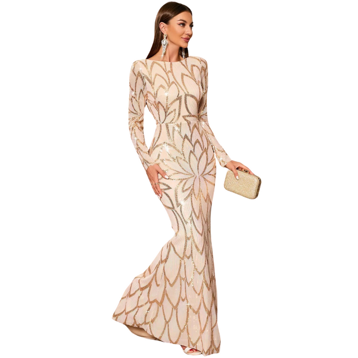 Robe Soirée Paillette Abricot  Longue Fermeture Eclair