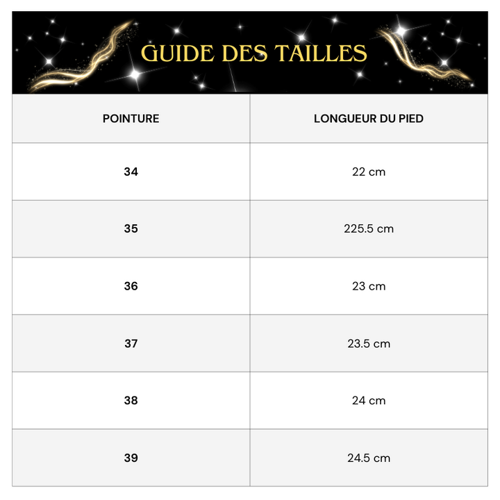 Tableau des tailles Escarpin Argenté Ouvert à l'Arrière