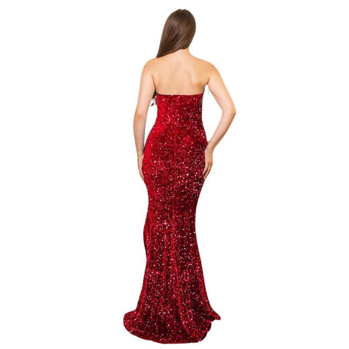 Robe Rouge Longue Fendue Bustier à Paillettes