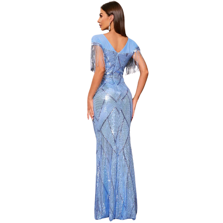 Robe Soirée Paillette Bleu Epaule Franges