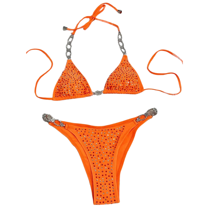 Maillot de Bain Orange Deux Pièces Strass