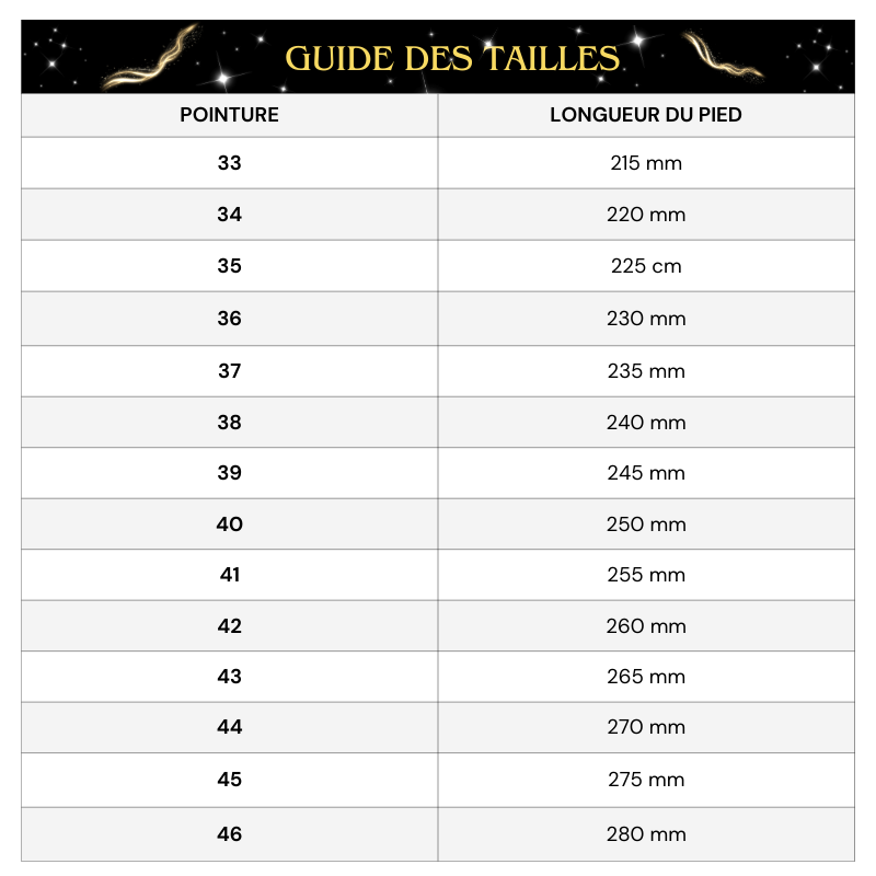 Tableau Tailles Bottine Paillette