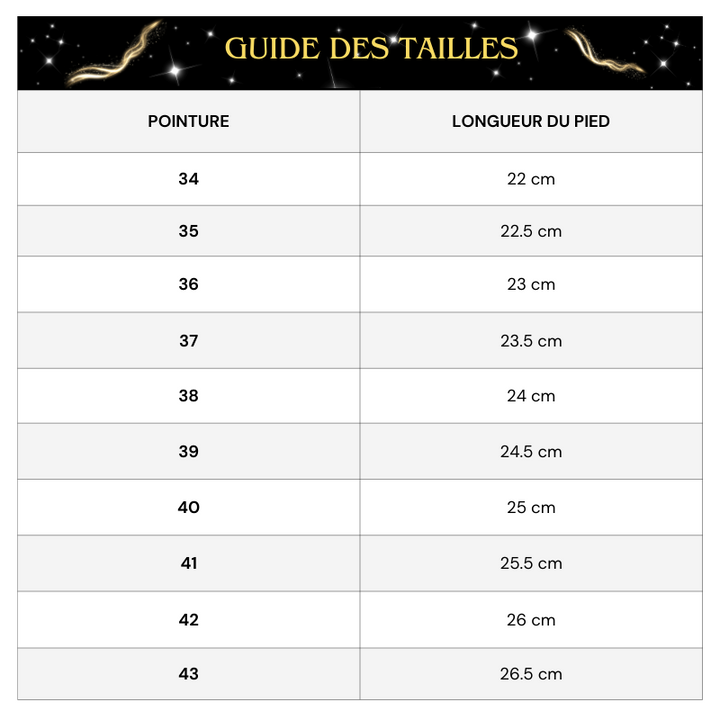 Tableau des tailles Escarpin Paillette Noeud Papillon et Perles