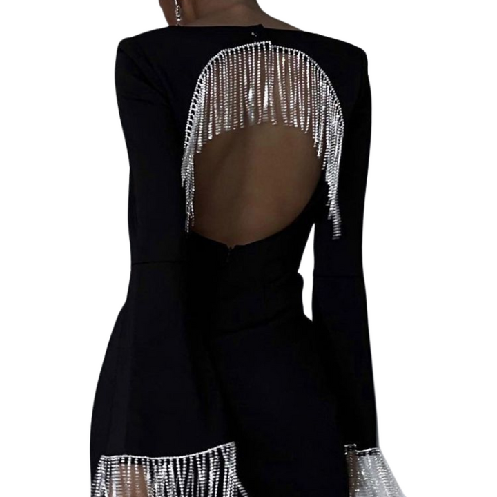 Robe Noir Dos Nu Franges Strass