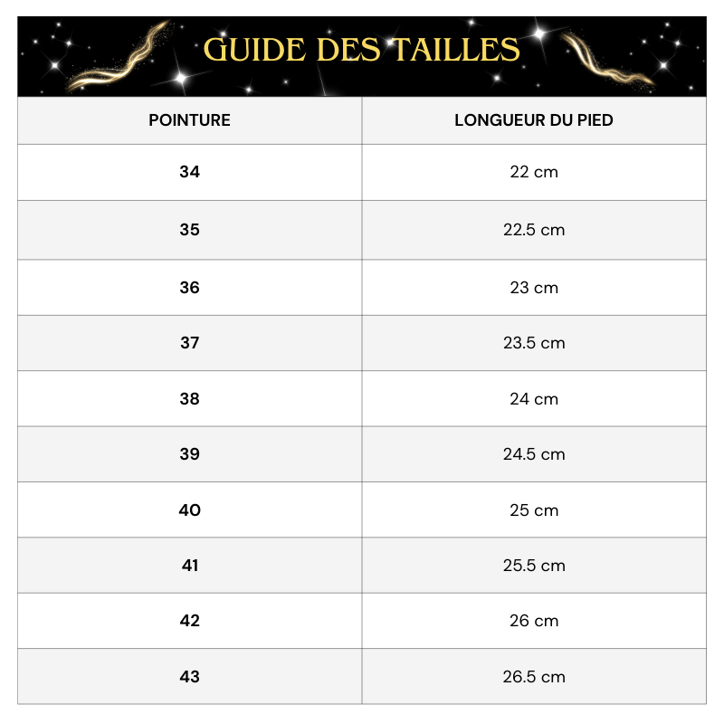 Tableau Tailles Bottine Dorée