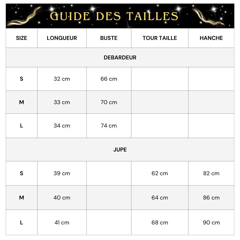 Tableau Tailles Jupe Paillette et Débardeur