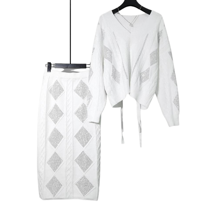 Ensemble Jupe et Pull Strass blanc