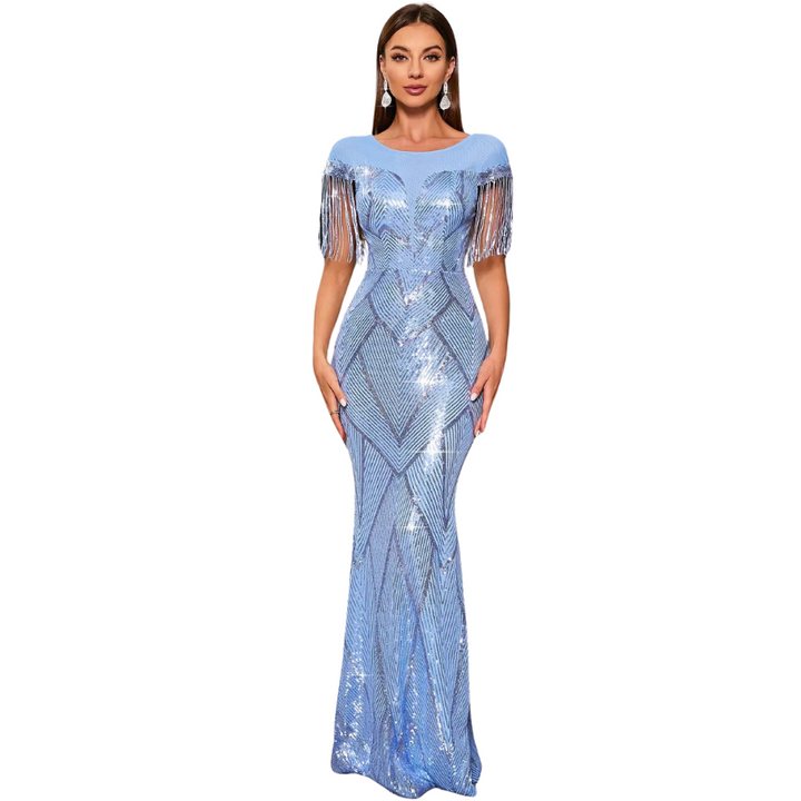 Robe Soirée Paillette Bleu Epaule Franges