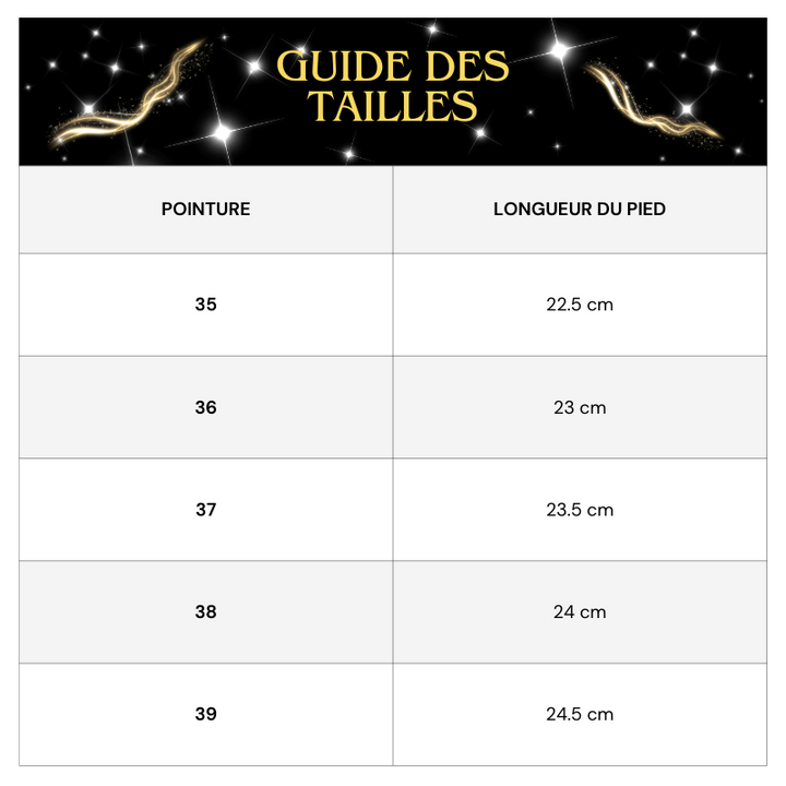 Tableau des tailles Mules Paillette Ouvertes à l'Arrière Avec Talon