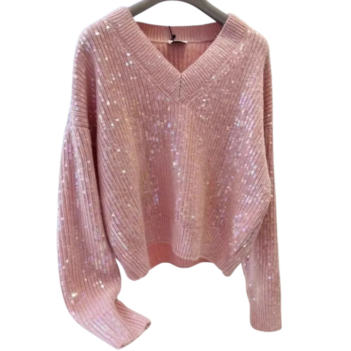 Pull Paillette Col V Rose