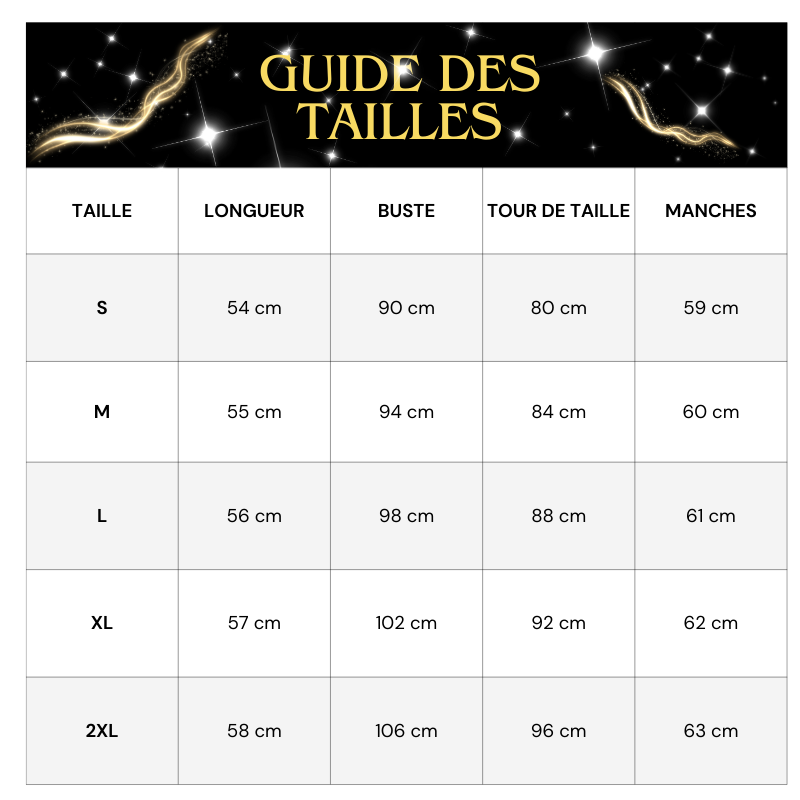 Tableau des tailles Haut Paillette Décolleté Femme