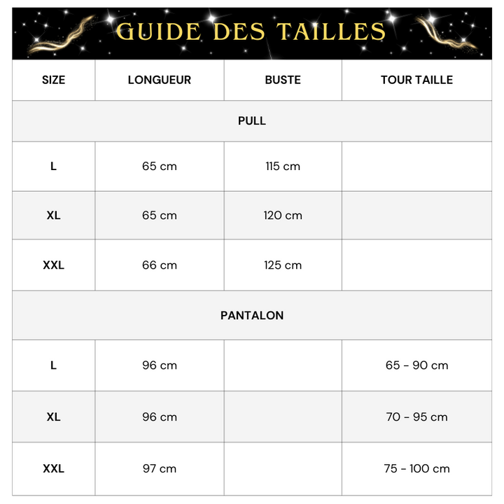 Tableau Tailles Jogging Paillette Noir