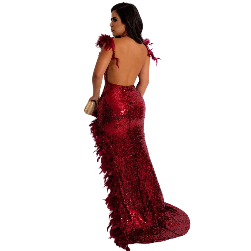 Robe Longue Rouge Paillette Fendue Plumes Dos Nu