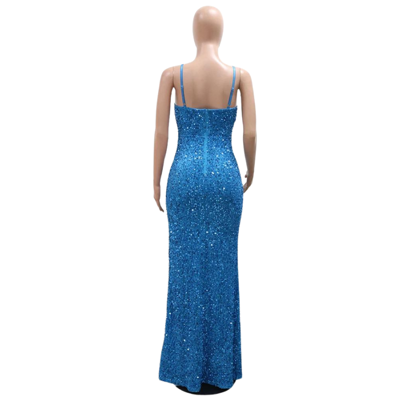 Robe Bleu  Fendue Strass et Paillettes Bretelles