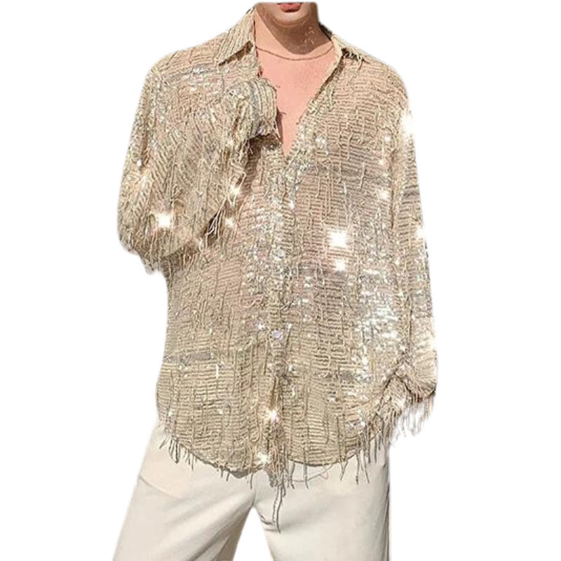 Chemise Paillettes Homme Disco Années 70-80 - Strass Brillant, Manches Longues, Costume Scène Fête Clubwear Luxe