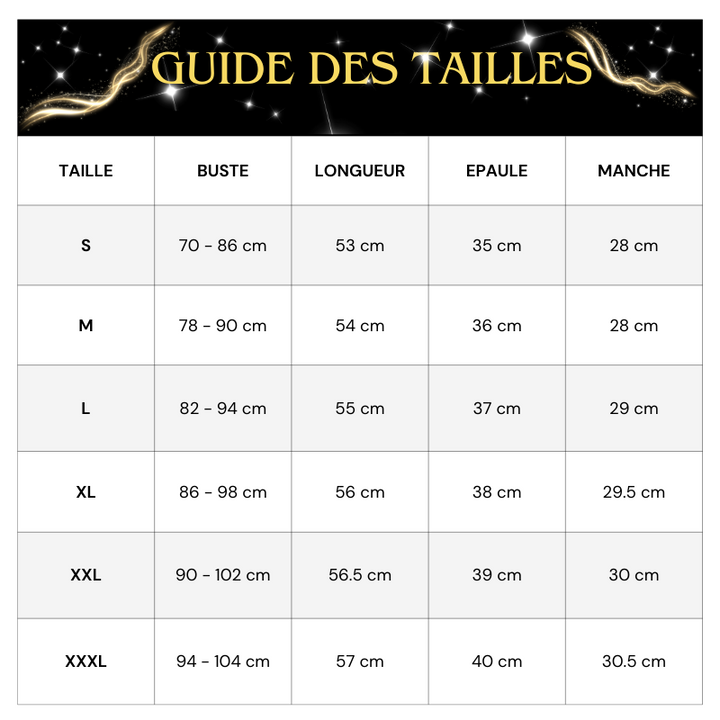 Tableau des tailles Cache Coeur Paillette Plissé