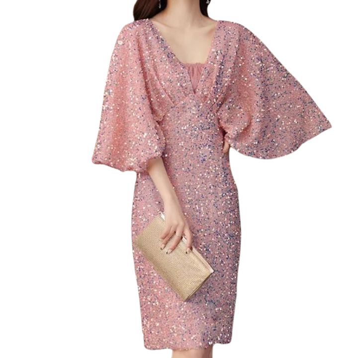 Robe Paillette Manches Bouffantes rose