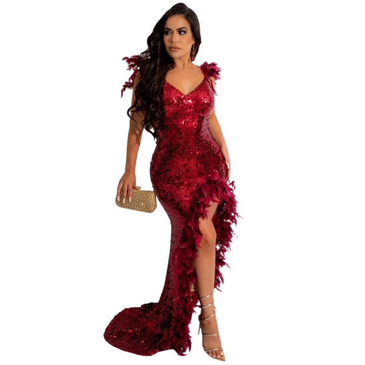 Robe Longue Rouge Paillette Fendue Plumes Dos Nu