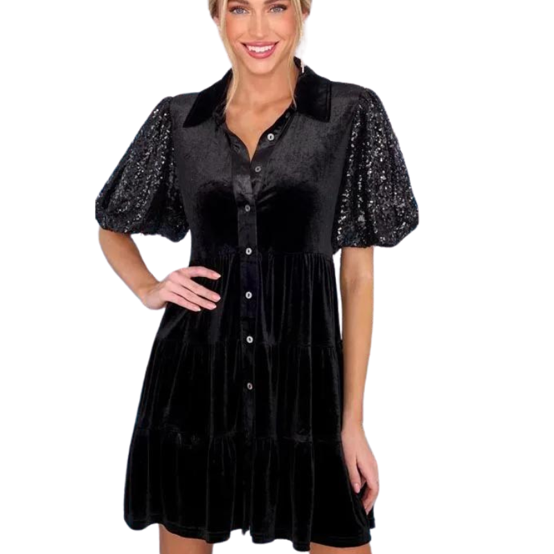 Robe Chemise Noir Manche Paillette Velours