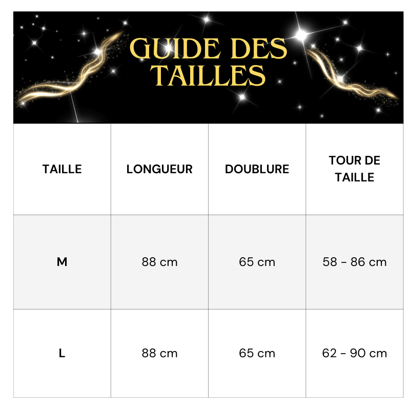Tableau des tailles Jupe Longue Paillette Taille Haute