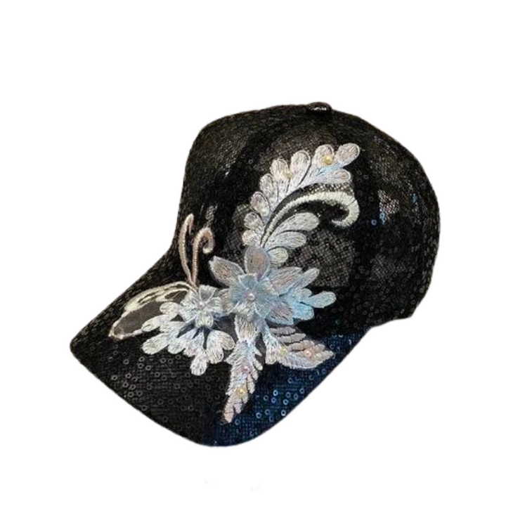 Casquette Paillette Fleurs Femme Noir Brillant