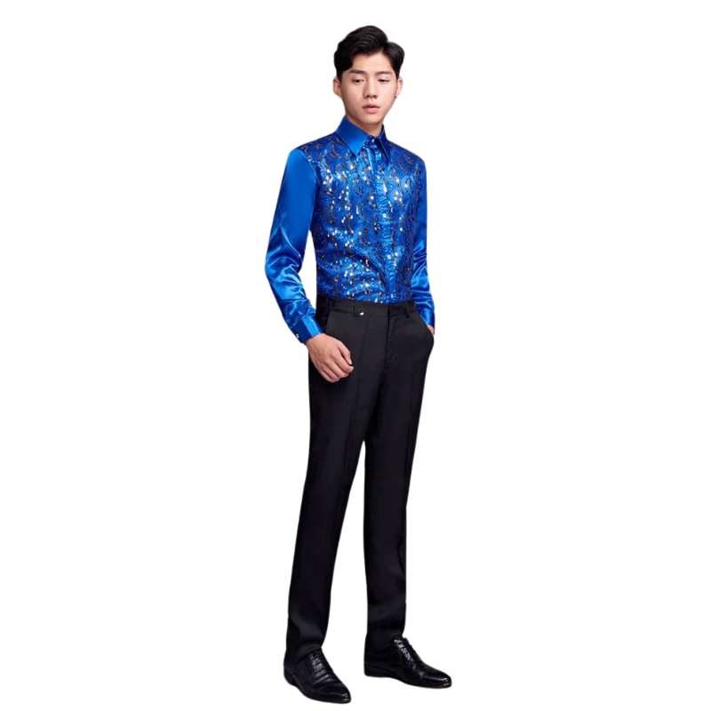 Chemise Bleu Roi Paillette Homme Satin