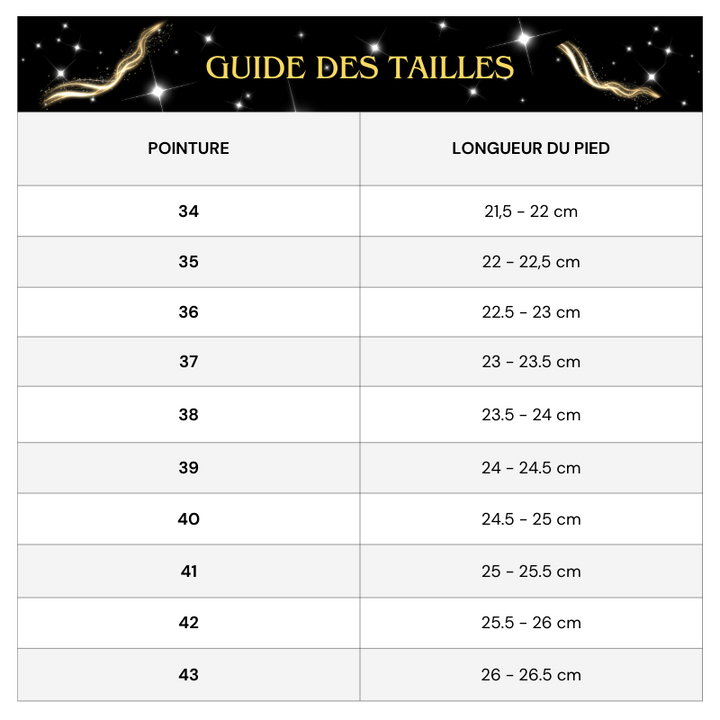 Tableau des tailles Bottine Paillette Talon Transparent