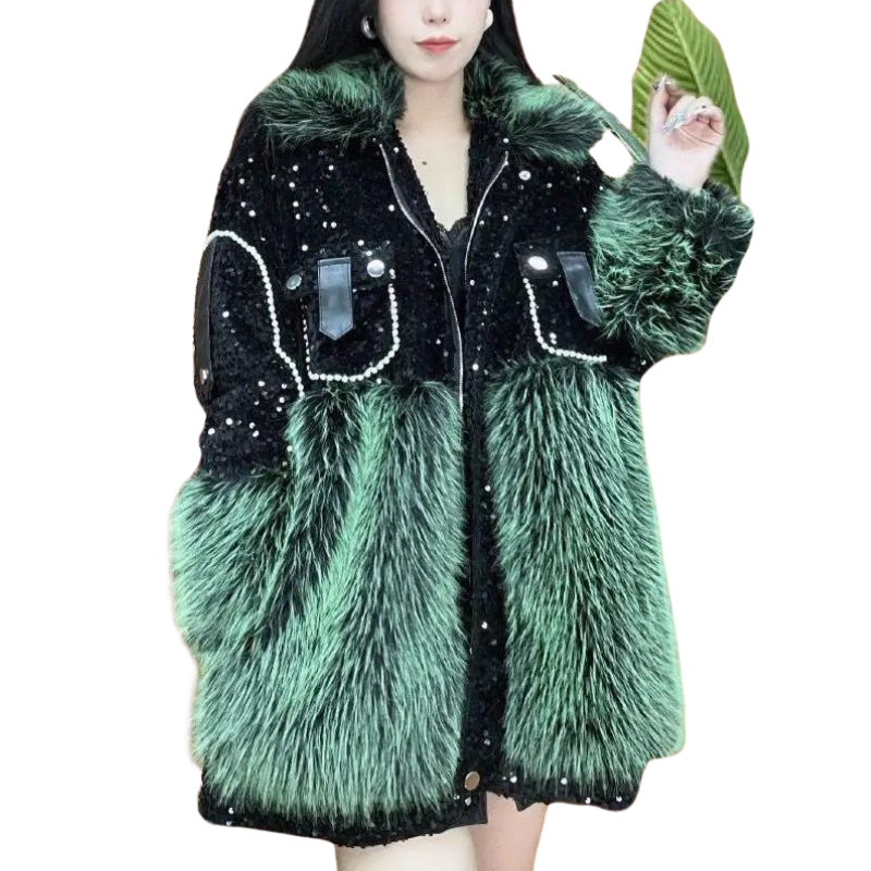 Veste Fausse Fourrure Paillette Pour Femme vert