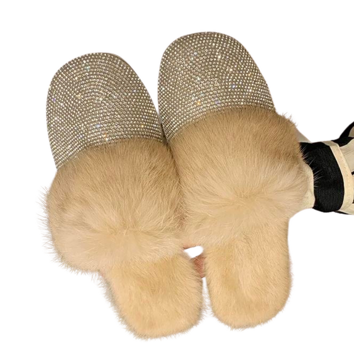 Pantoufle Fourrure Strass beige