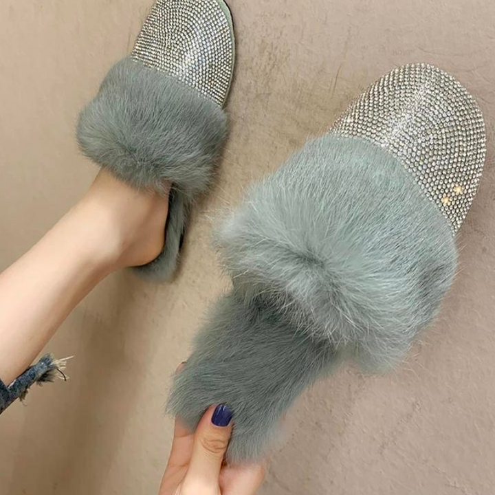 Pantoufle Fourrure Strass bleu