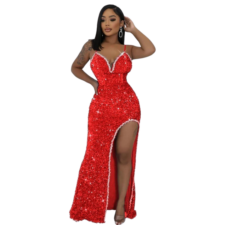 Robe Rouge  Fendue Strass et Paillettes Bretelles