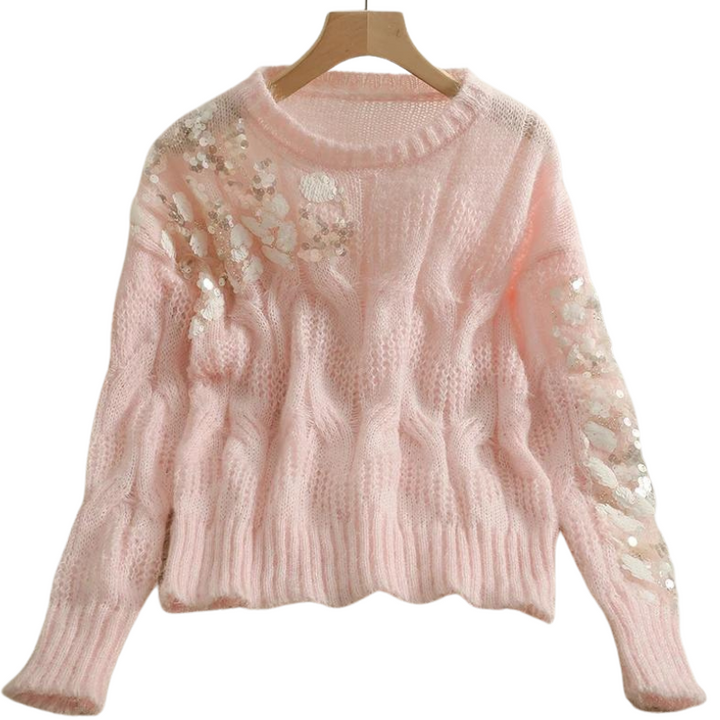 Pull Laine Paillette Col Rond rose