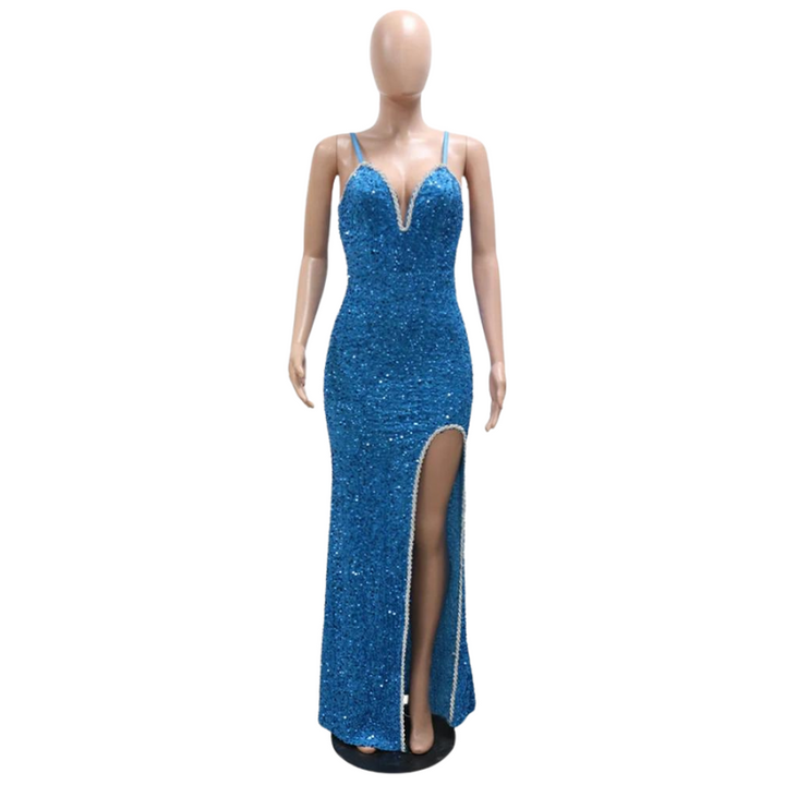 Robe Bleu  Fendue Strass et Paillettes Bretelles