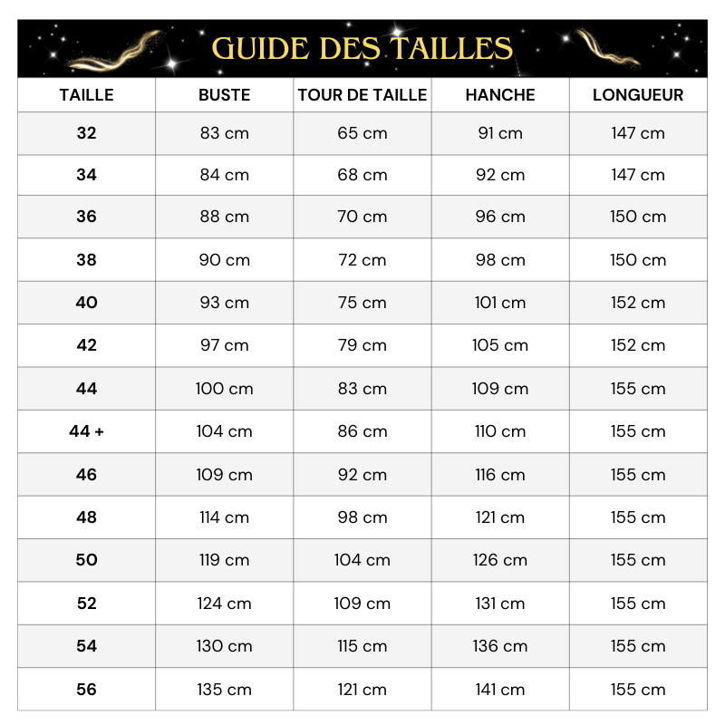 Tableau Tailles Robe Soirée Paillette Jaune