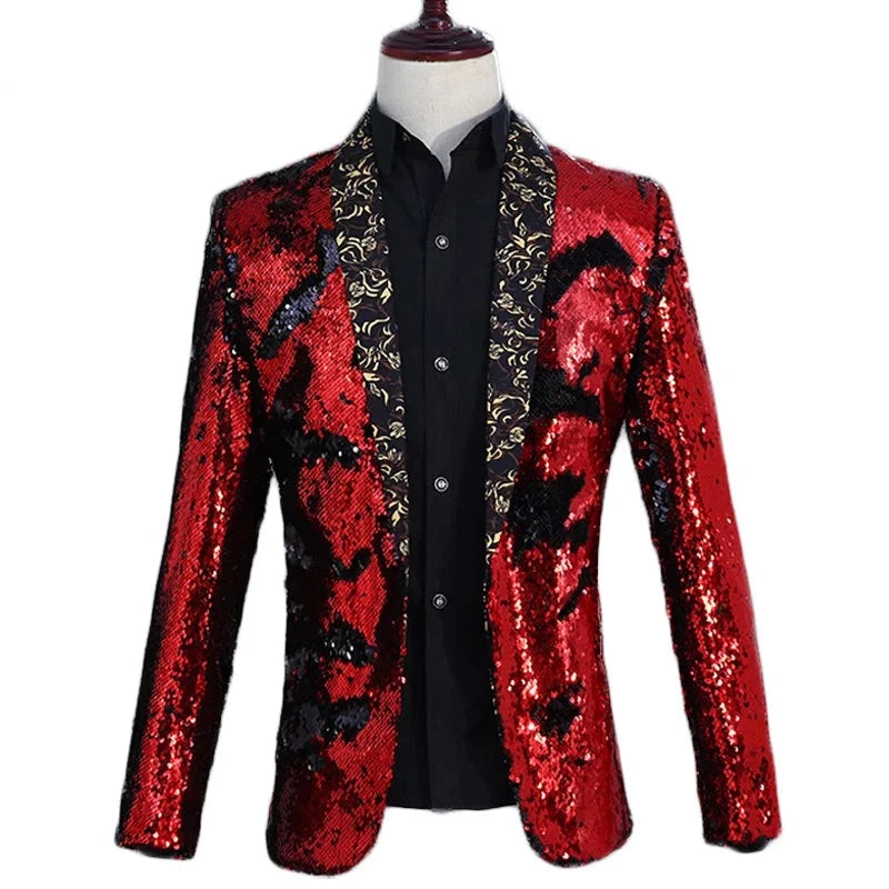 Veste Costume Rouge Noir Paillette Pour Homme