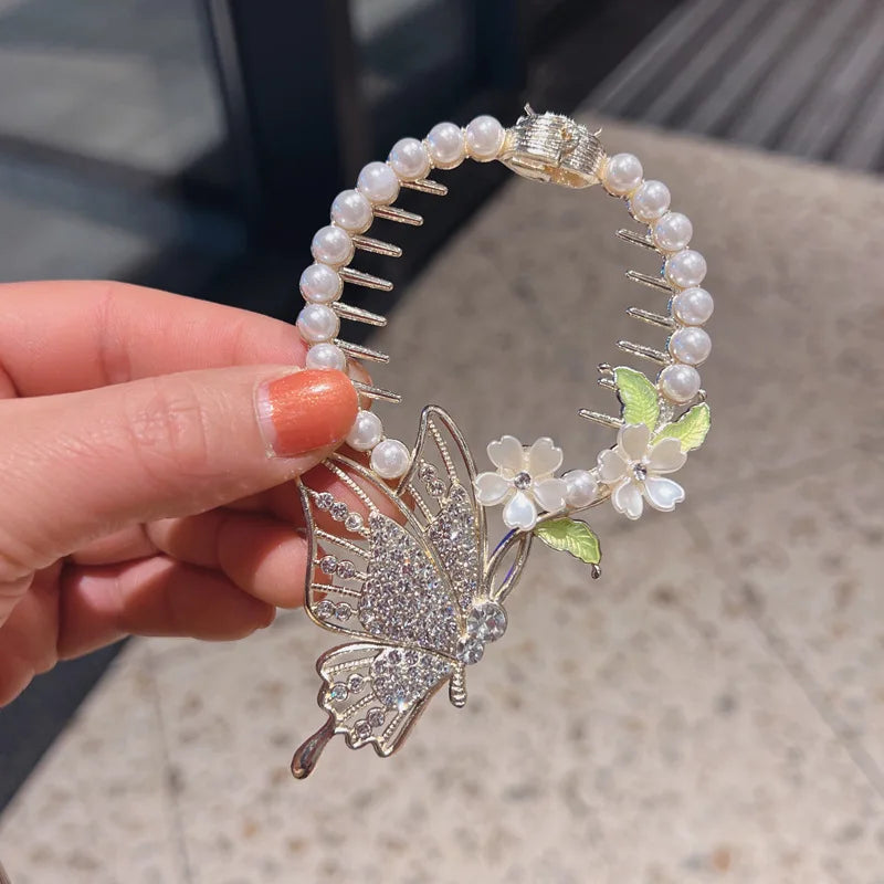 Pince Chignon Avec Des Strass perle papillon argenté