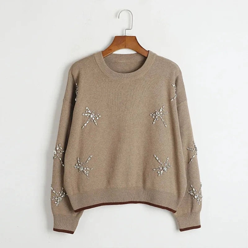 Pull Avec Strass Col Rond Femme Marron