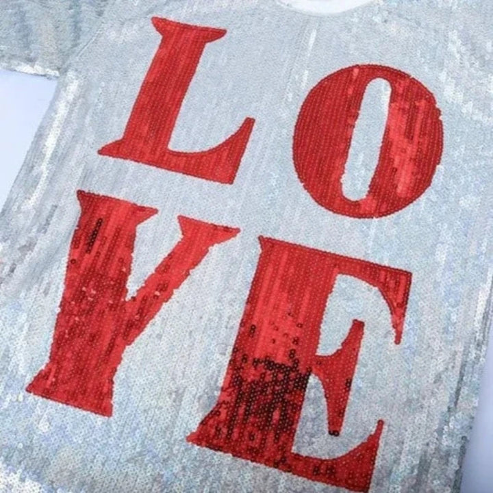T-Shirt Long Argenté Paillette Love Détail