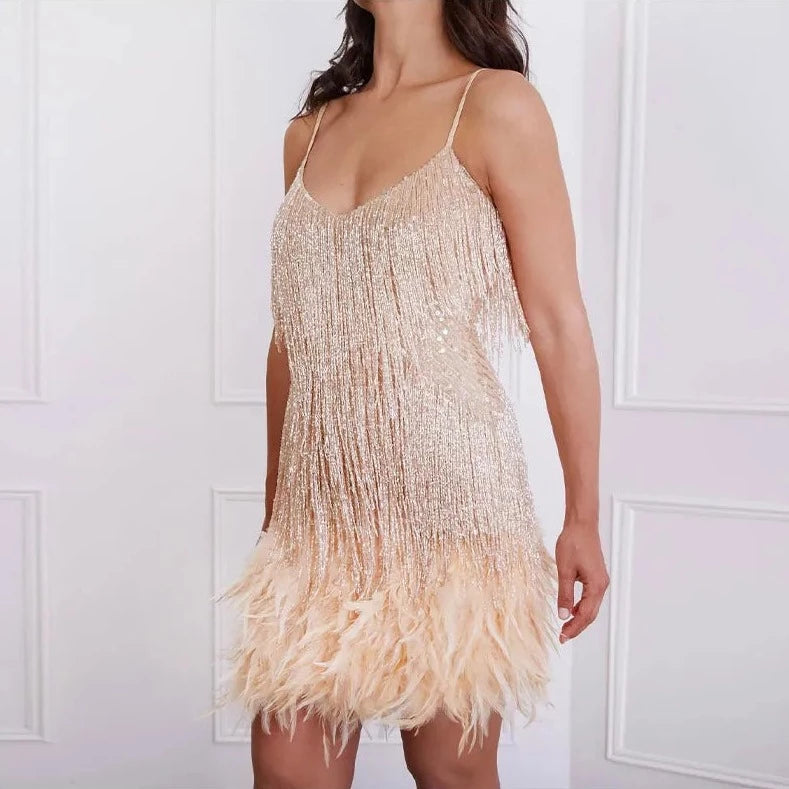 Robe Paillette Franges Plumes Champagne 