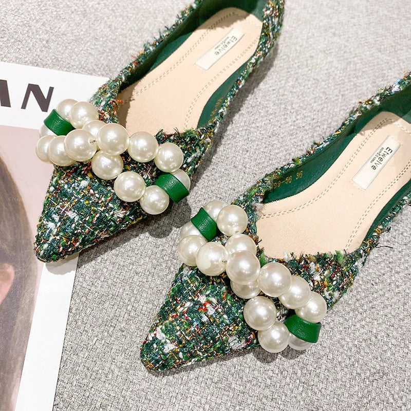 Mocassin vert Pailleté Perles Blanches