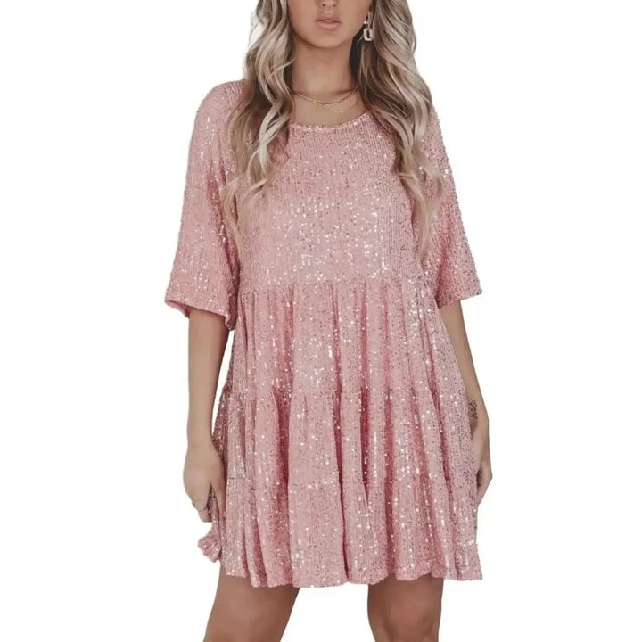 Robe Rose Courte à Paillettes Plissée