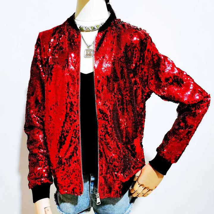 Veste Bomber Rouge Paillette Femme