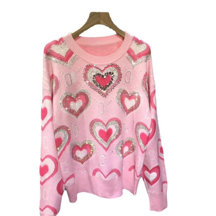 Pull Rose Coeur Strass Femme