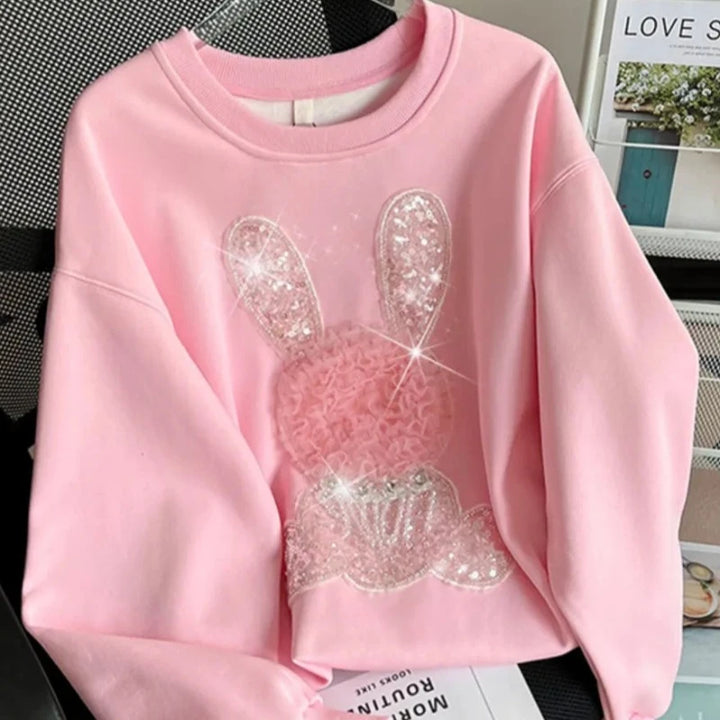 Pull Rose Paillette Strass Lapin