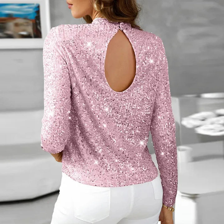 Blouse Paillette Col Rond Manches Longues Dos rose