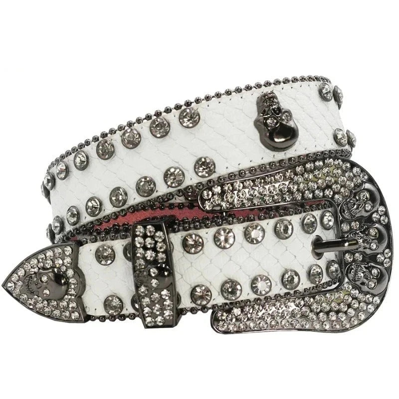 Ceinture Paillette Strass Homme Femme Crâne blanc