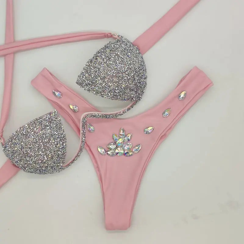 Maillot de Bain 2 Pièces Strass Rose