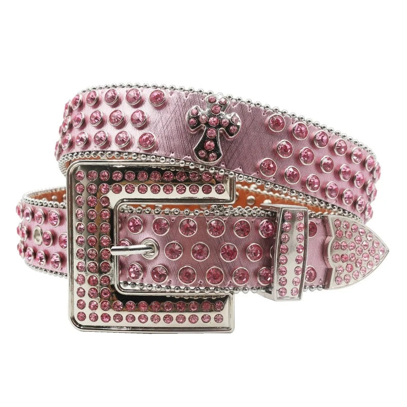 Ceinture Paillette Strass Homme Femme Croix rose