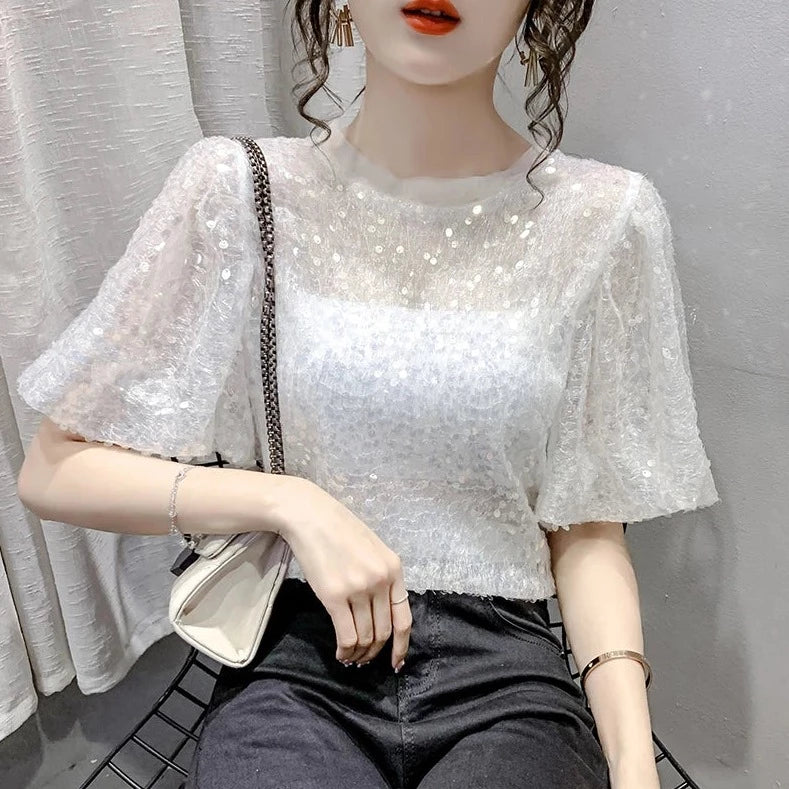 T-shirt Blanc Miss Captain Taille 44 - Coton, Manches Courtes, Paillettes - Occasion Très Bon état