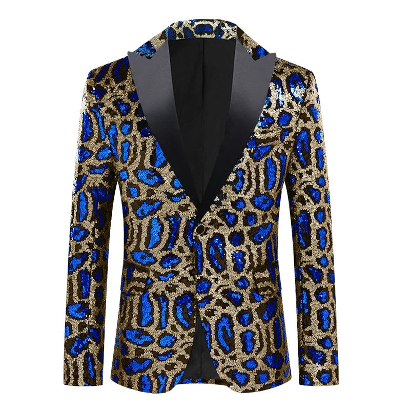 Veste Costume Paillette Homme Leopard bleu saphir